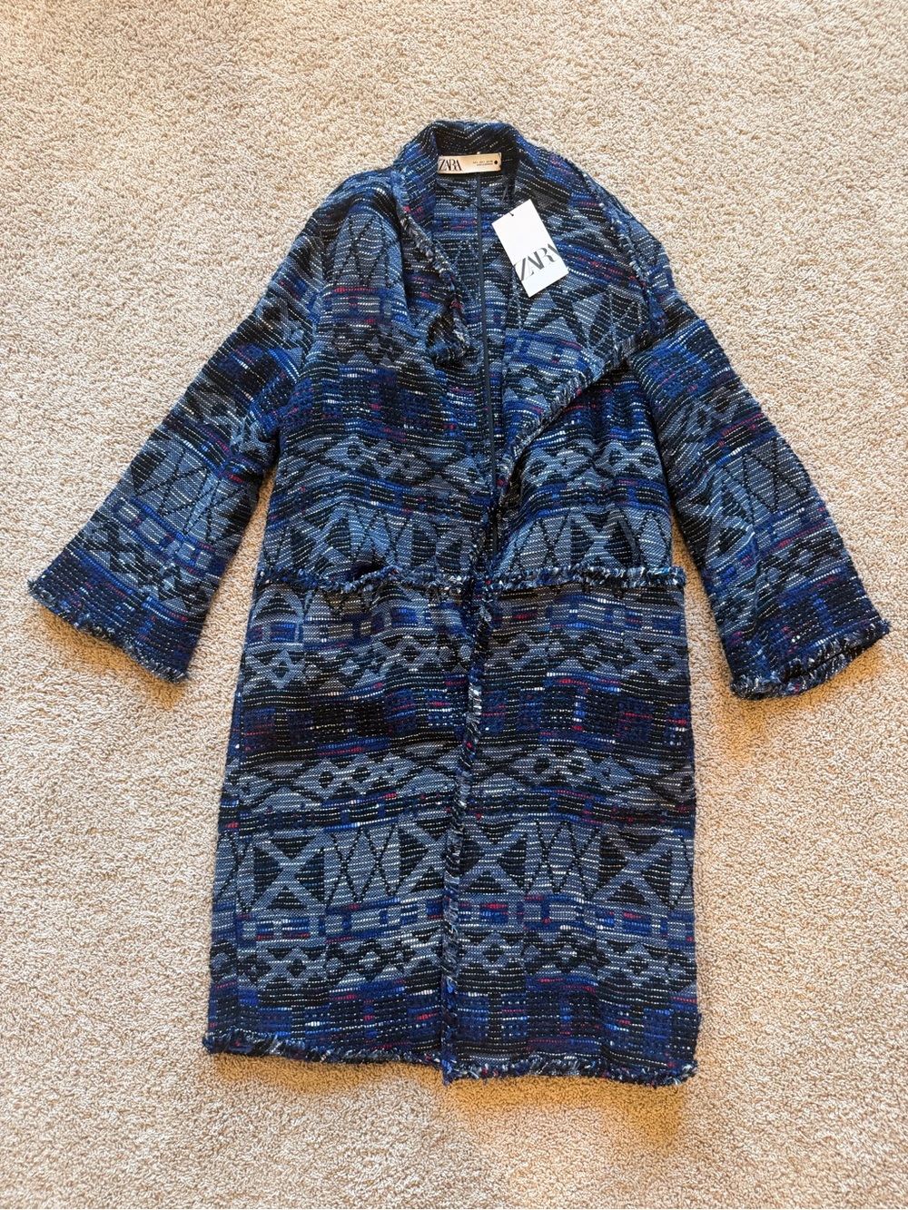 Zara Navy & Black Patterned Knit Coat